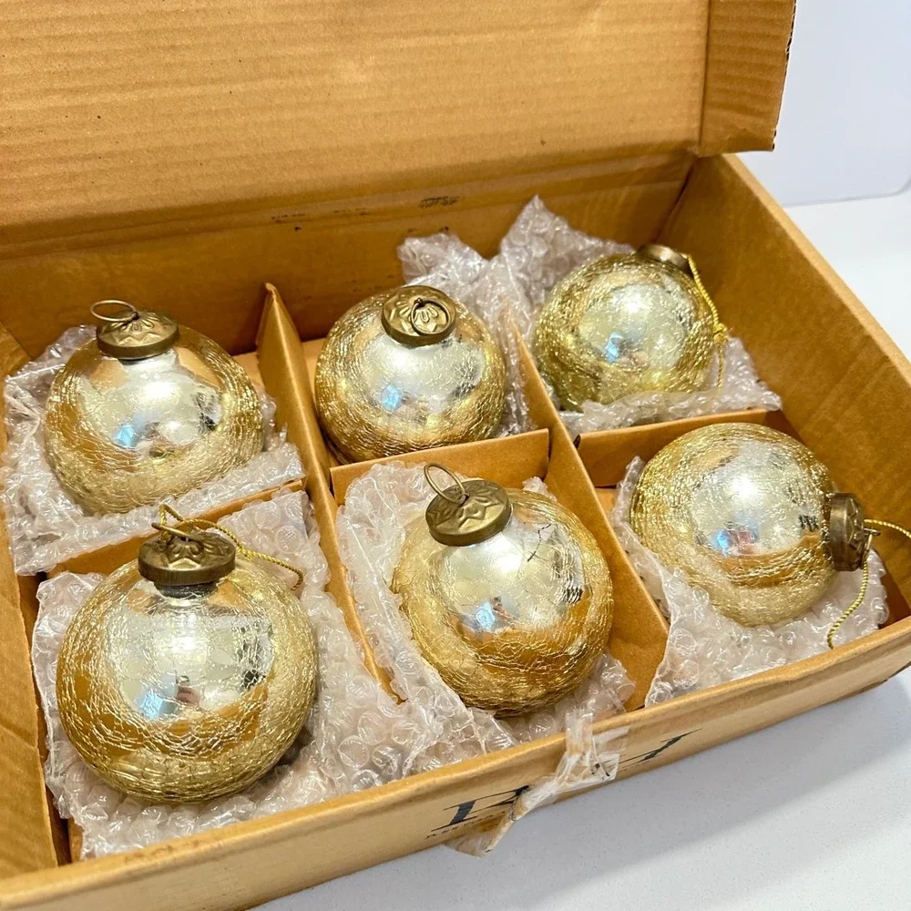 Restoration Hardware Gold Crackle Glass Ball Christmas Ornaments Set of 6 3.5in